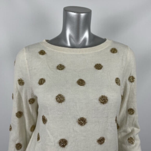 EUC Talbots Cream Sweater with Silver,Shiny Polka Dot w/Long Sleeves Scoop Neck - Picture 3 of 11